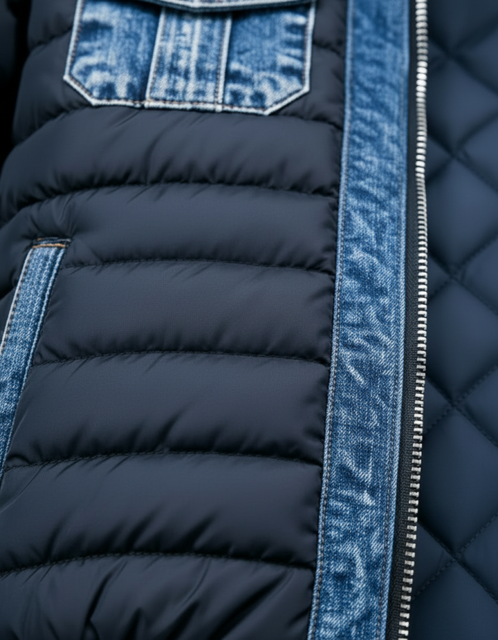Men's Quilted Denim Jacket with Stand-Up Collar and Front Zip Fastening, Blue