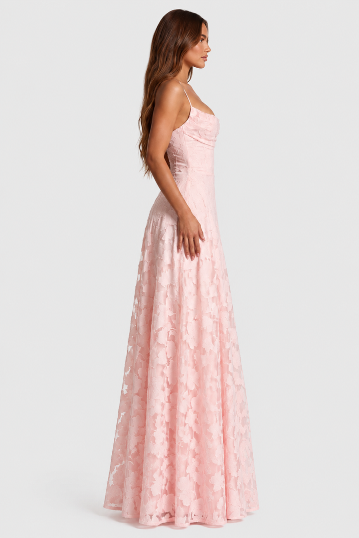 Raised 3D floral lace A-line midi-maxi dress with draped neckline