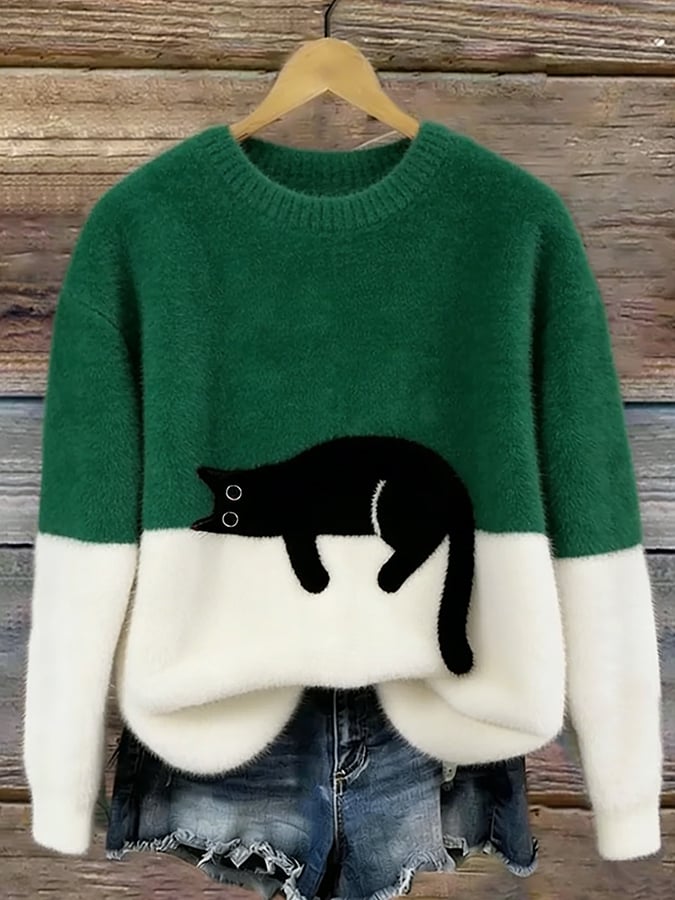 Oversized Sweater with Cat Print