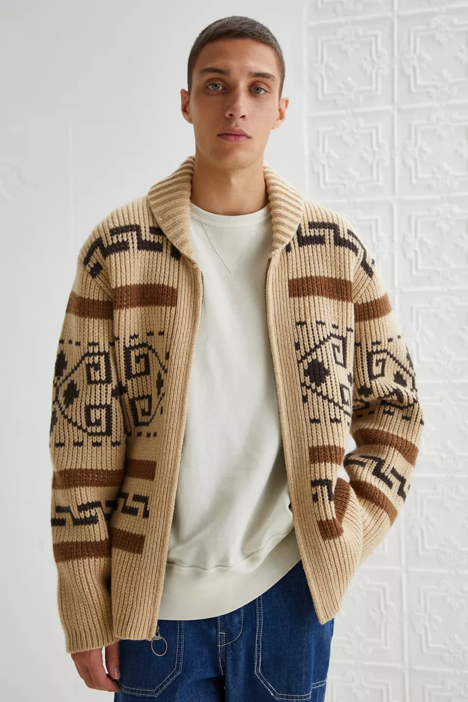 Vintage Jacquard Knitted Men's Cardigan with Zipper Timeless Style Meets Modern Comfort