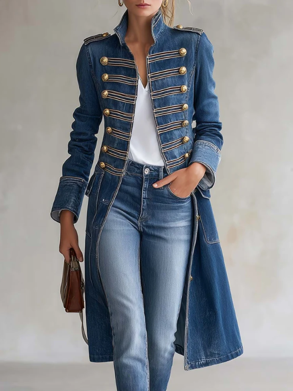 Women's long military-style double-breasted coat with officer collar