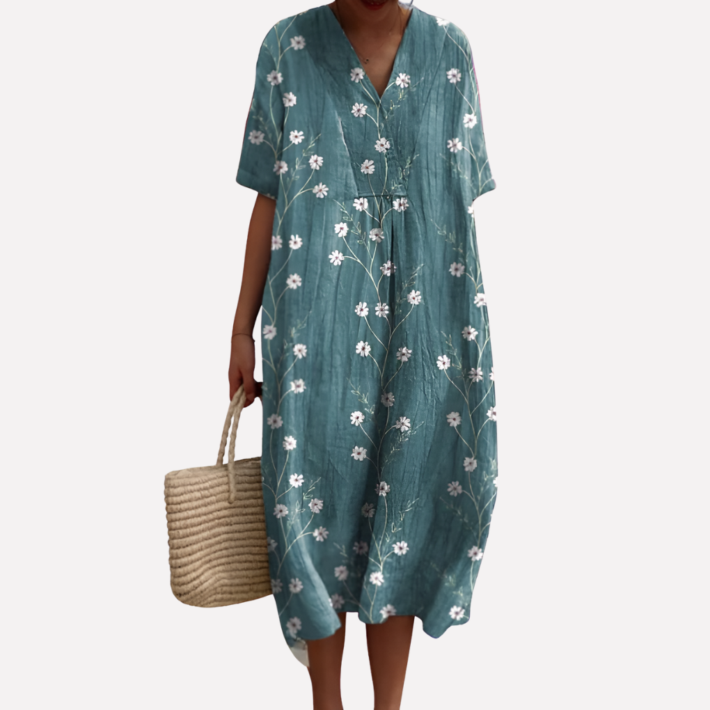 Women’s Floral Summer Dress – V‑Neck &amp; Short Sleeves