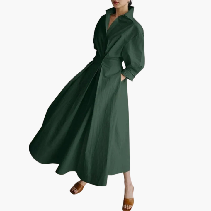 Women’s Long Shirt Dress with Waist Detail and Button Front