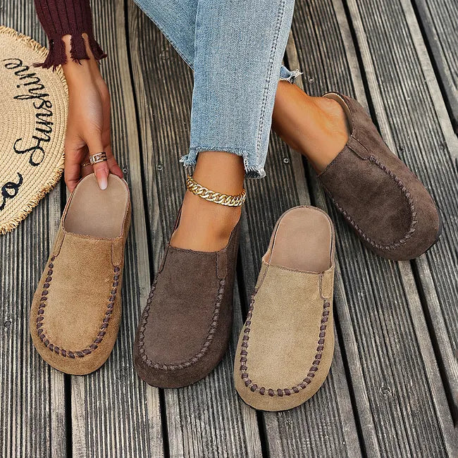 Leather Slip-On Orthopedic Sandals with Suede-Like Soft Upper and Flat Sole