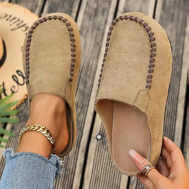 Slip-On Leather Sandals with Orthopedic, Soft Suede-Look Upper and Flat Sole