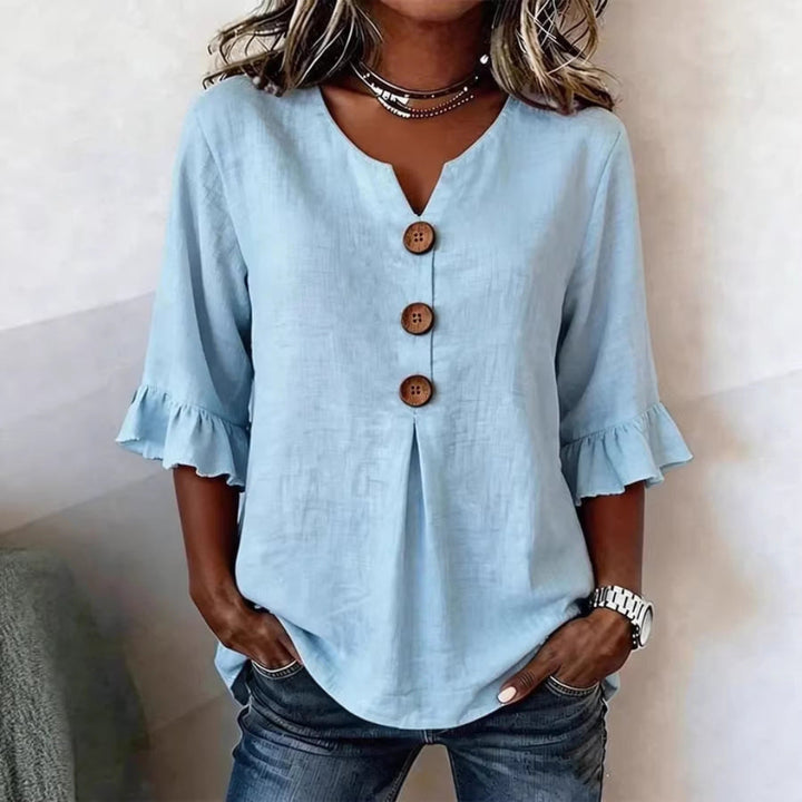 Summer Ruffled-Sleeve Top Loose Casual V-Neck Buttons Short-sleeved Shirts Women's Clothing