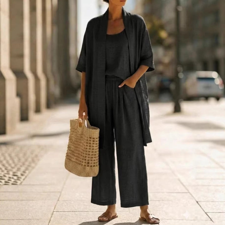 Three-piece Suit Women's Mid-length Cardigan Tank Top And Straight-leg With Pockets Fashion Trousers Set