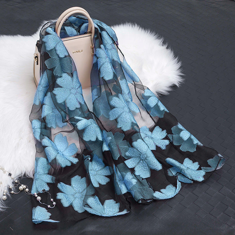 Silk Scarf with Cut Flower Pattern and Blank Motif