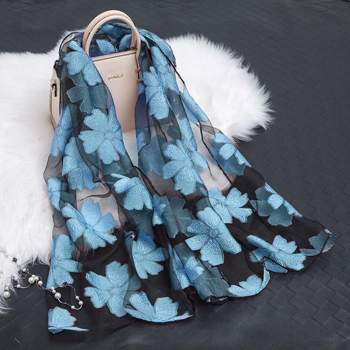 Silk Scarf with Cut Flower Pattern and Blank Motif