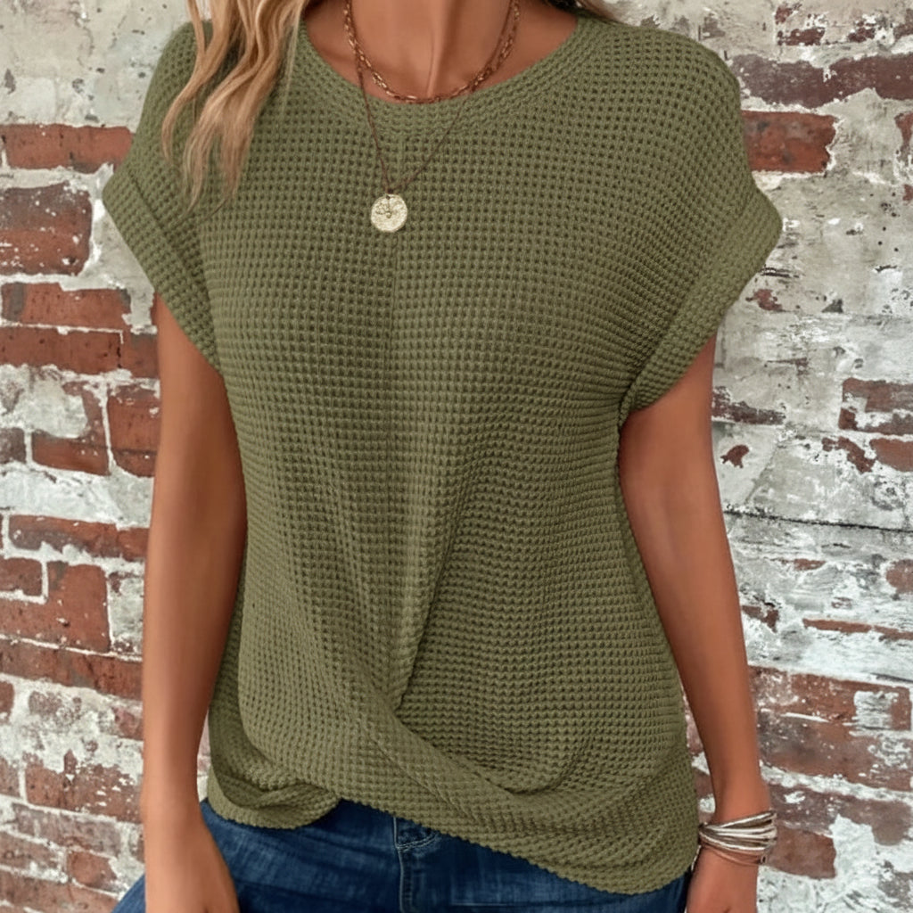 Short-sleeved Waffle T-shirt Summer New Solid Color Crew Neck Top For Womens Clothing