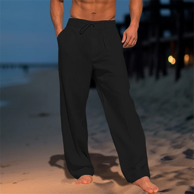 Casual Wide-Leg Straight Pants With Pockets Fashion Drawstring Trousers For Men Clothing