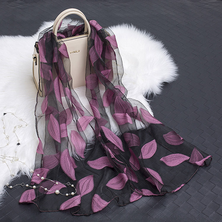 Silk Scarf with Cut Flower Pattern and Blank Motif