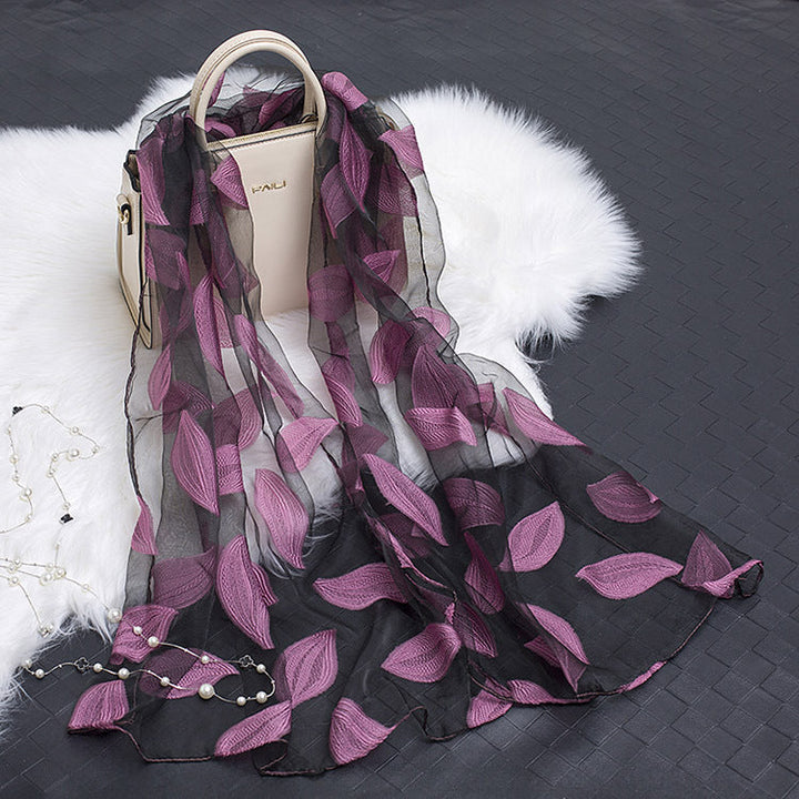 Silk Scarf with Cut Flower Pattern and Blank Motif