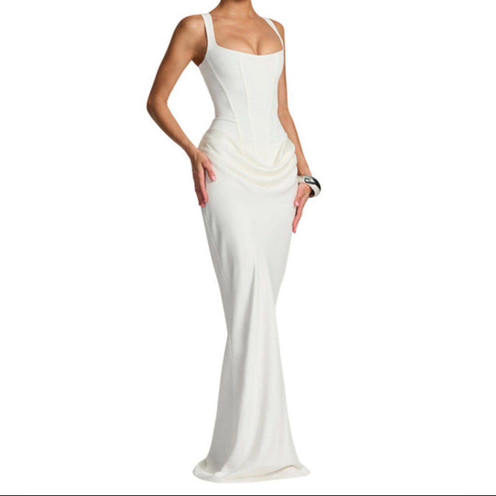 Womens Elegant Solid-Color Slim-Fit Waist-Cinching Backless Slip Dress