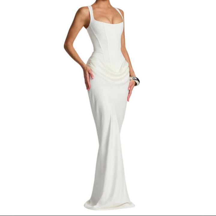 Womens Elegant Solid-Color Slim-Fit Waist-Cinching Backless Slip Dress