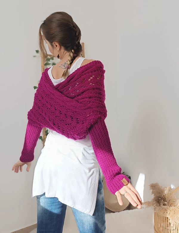 Wrap Scarf with Double Sleeves - Warm Knitted Scarf with Built-In Sleeves