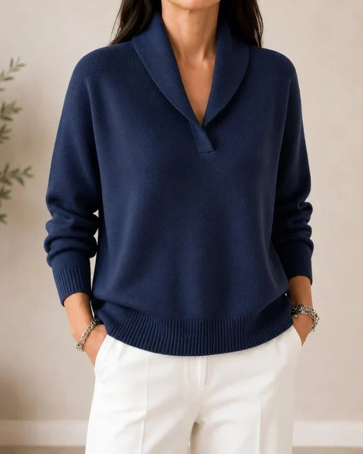 Soft V-Neck Sweater with Cowl Collar