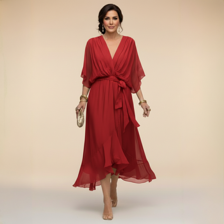 Elegant, flowing women's midi dress – V-neck & adjustable waist