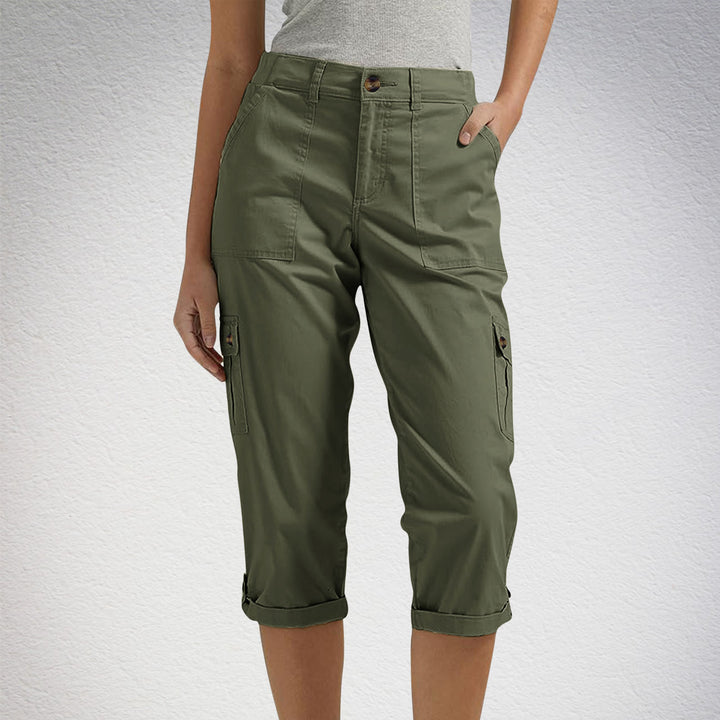 Solid Color Casual Cropped Pants - Women's High Waist Multiple Pockets Capri Trousers for Daily Wear