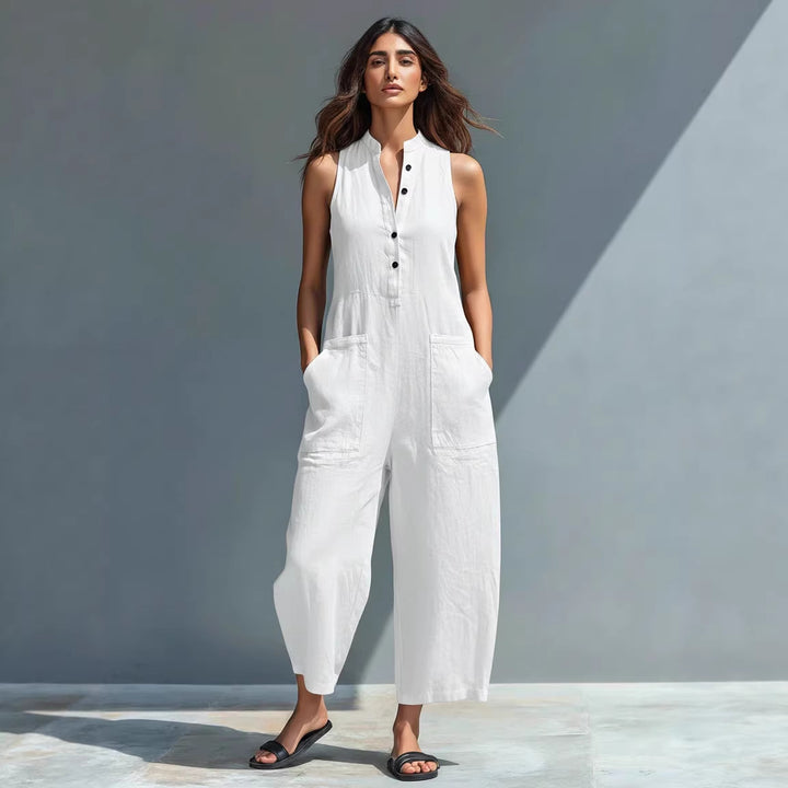 Summer Sleeveless Jumpsuit With Pockets Fashion Casual V-Neck Buttons Trousers Women's Overall Pants