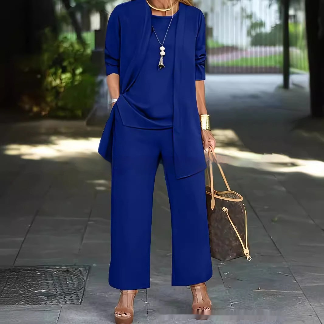 3-piece Cardigan Suit Pure Color Split Sleeveless Vest Top Long Sleeve Jacket And Wide Leg Pants Set