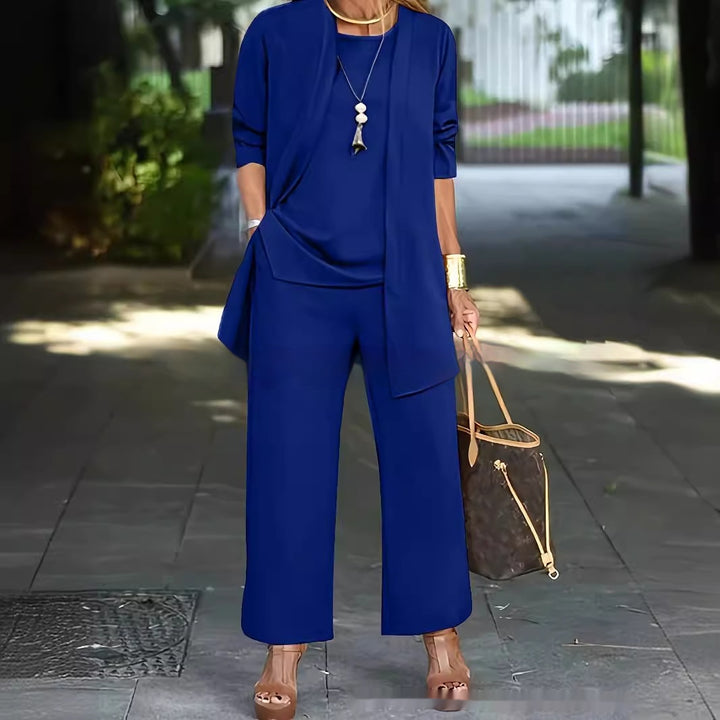 3-piece Cardigan Suit Pure Color Split Sleeveless Vest Top Long Sleeve Jacket And Wide Leg Pants Set