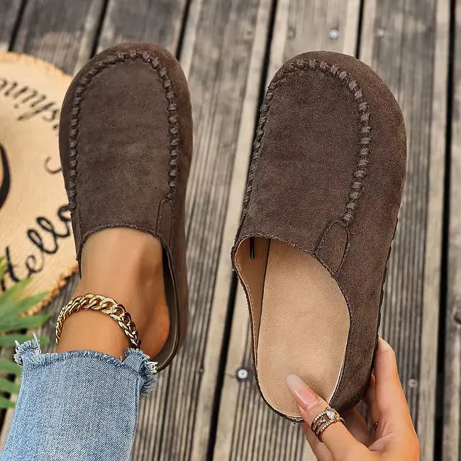 Leather Slip-On Orthopedic Sandals with Suede-Like Soft Upper and Flat Sole