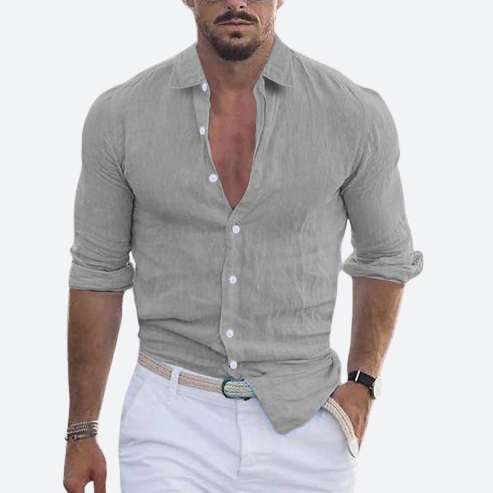 Men's slim-fit linen shirt, open collar, summer button-up shirt