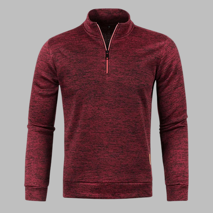 Rode heren sweater met halve rits, lange mouwen en gemêleerd patroon. Perfect voor casual en sportieve outfits. Comfortabele pasvorm.