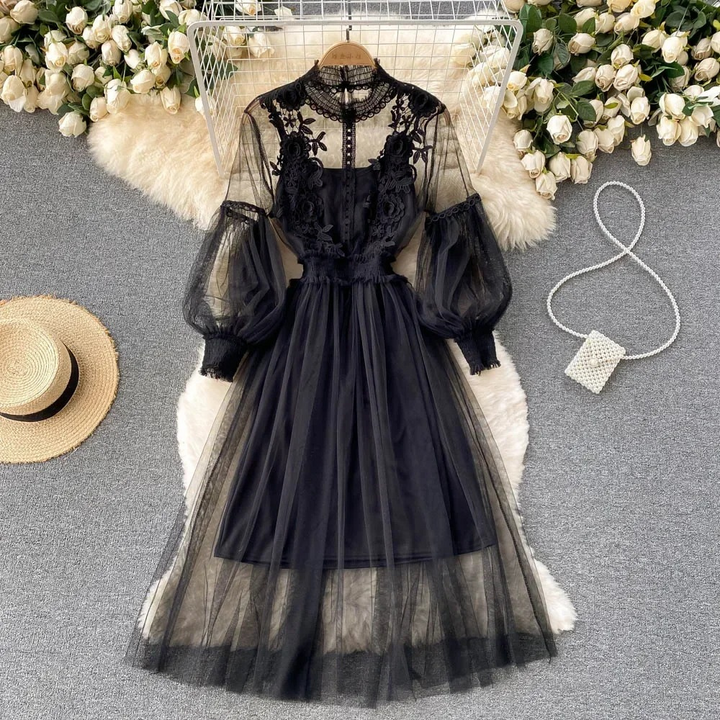 Enchanting Floral Dress with Stand-Up Collar