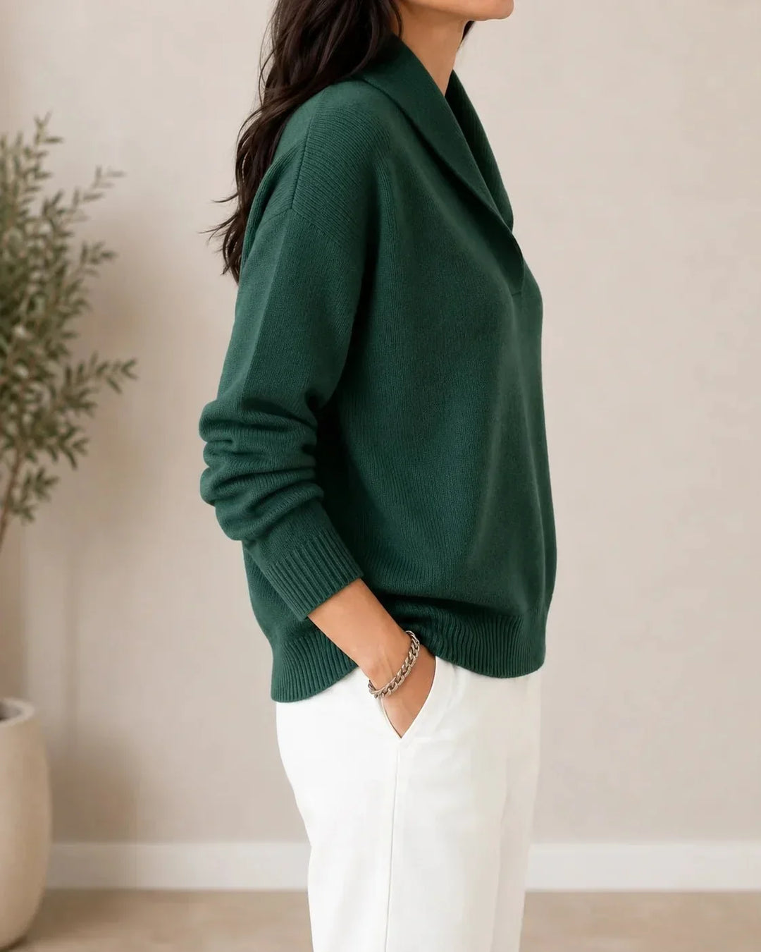 Soft V-Neck Sweater with Cowl Collar