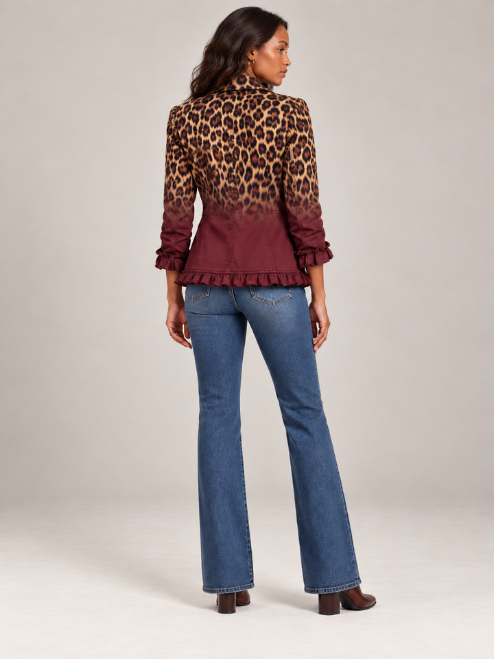 Women's Blazer with Leopard Print Gradient and Ruffles, Double-Breasted Front