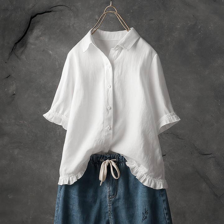 Button Down Cotton Blouse with Ruffled Hem