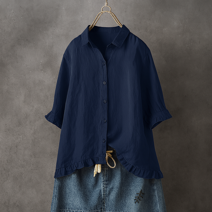 Button Down Cotton Blouse with Ruffled Hem