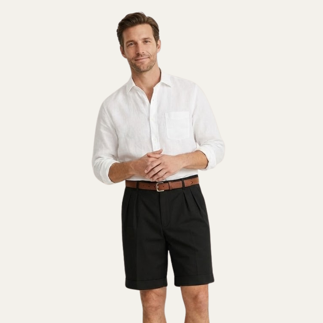 Classic Men's Chino Shorts with Double Pleats and Turned-Up Hem.