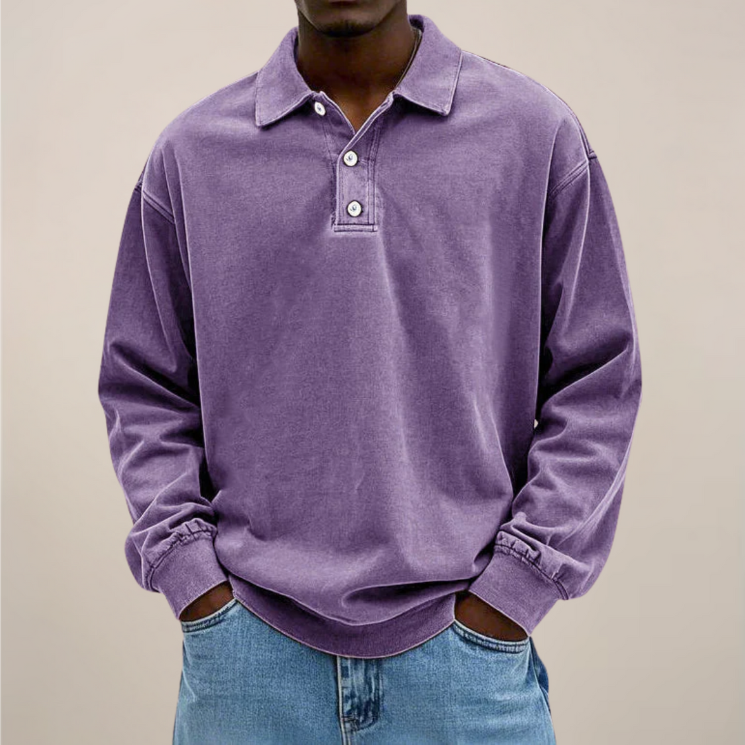 Men's Long-Sleeve Polo Shirt with Button Placket and Relaxed Fit