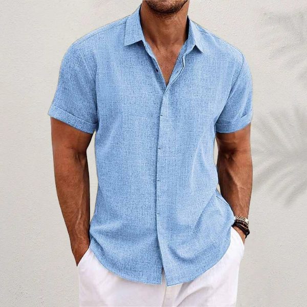 Classic Men's Short-Sleeve Shirt with Button Placket and Flared Collar