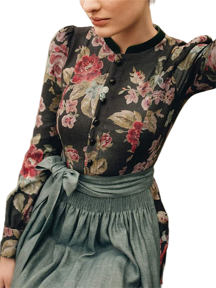 Women's Long Vintage Dirndl Dress with Floral Print and Apron, Made of High-Quality Fabric