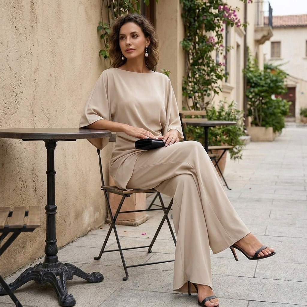 Draped Blouse and Wide-Leg Pants – Two-Piece Set