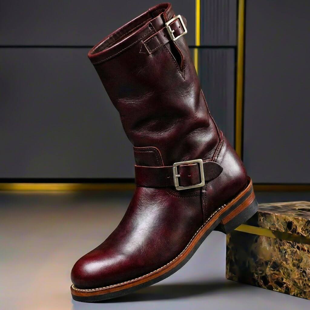 Men's Genuine Leather Engineer Boots with Buckle – Calf-High, for Fall and Winter