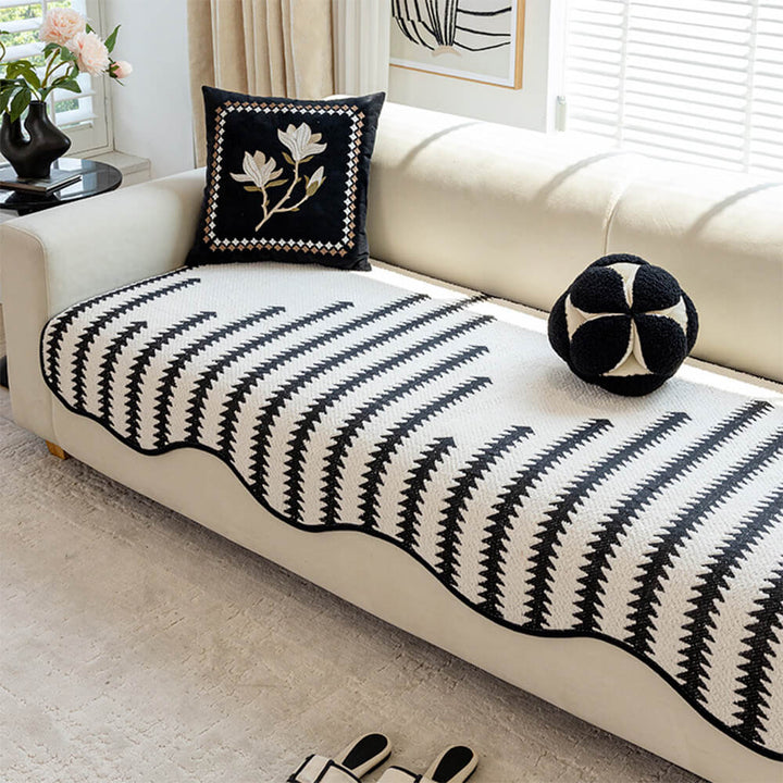 Modern Chevron Stripes Chenille Couch Cover with Wavy Edges