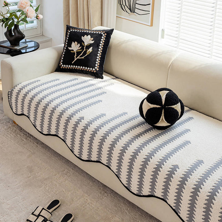 Modern Chevron Stripes Chenille Couch Cover with Wavy Edges