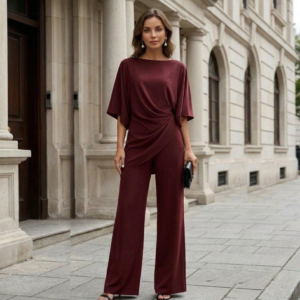 Draped Blouse and Wide-Leg Pants – Two-Piece Set