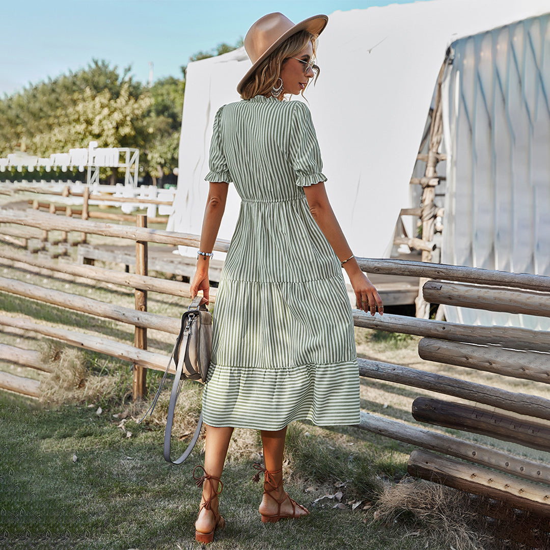 Striped Summer Dress with Lantern Sleeves and V-Neck