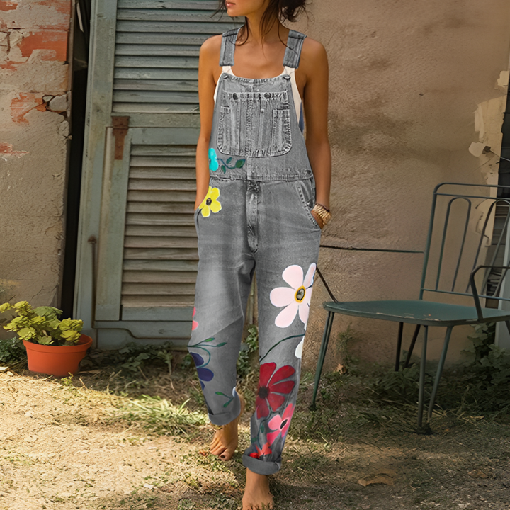 Stylish Denim Jumpsuit with Floral Pattern