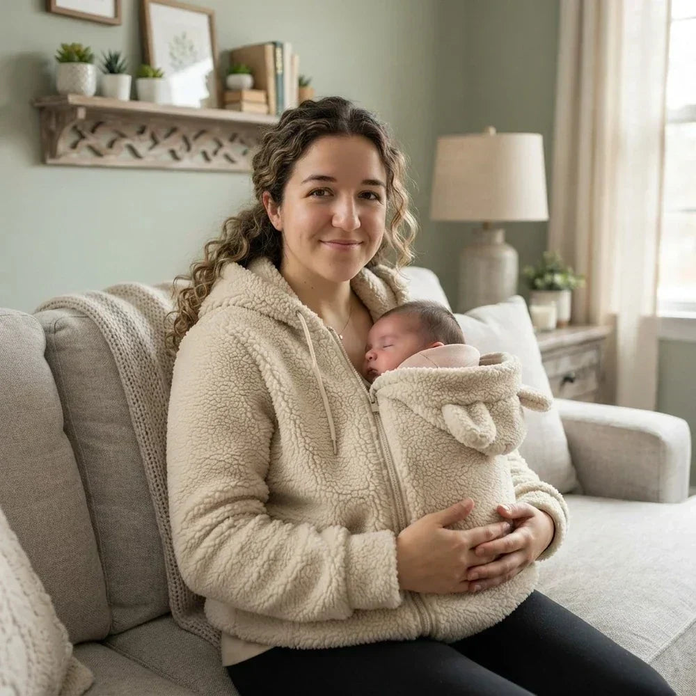 Cozy fleece baby-carrying hoodie with front pouch