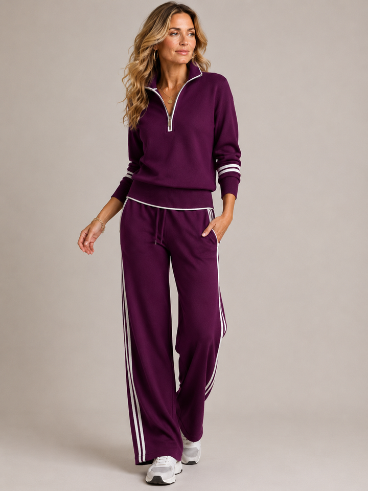 Knitted Two-Piece Set with Quarter-Zip Sweater and Wide-Leg Pants