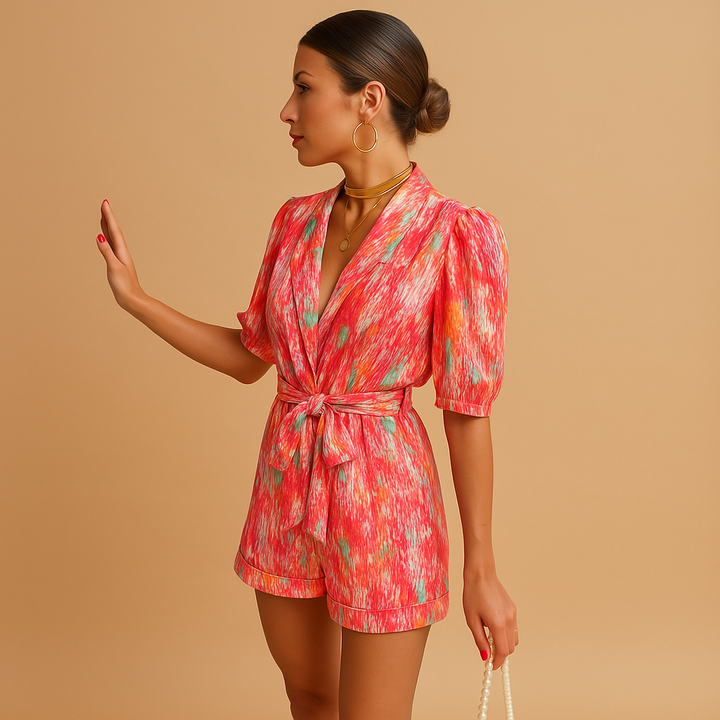 Dames zomerjumpsuit met levendige print, korte broek en taille-accentuerende riem, perfect voor warme dagen en casual gelegenheden.