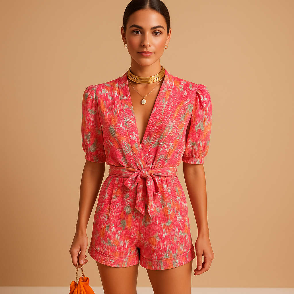Dames zomerjumpsuit met levendige print, korte broek en taille-accentuerende riem, perfect voor warme dagen en casual gelegenheden.