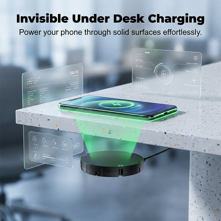 Wireless under-desk charger | Hidden mounting | Charges through wood & stone